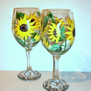 Sunflowers Hand Painted Wine Glasses Set of 2 -20 oz.  Mothers Day, Birthday, Gifts for Her Brides Maids Maid of Honor Mother of the Bride