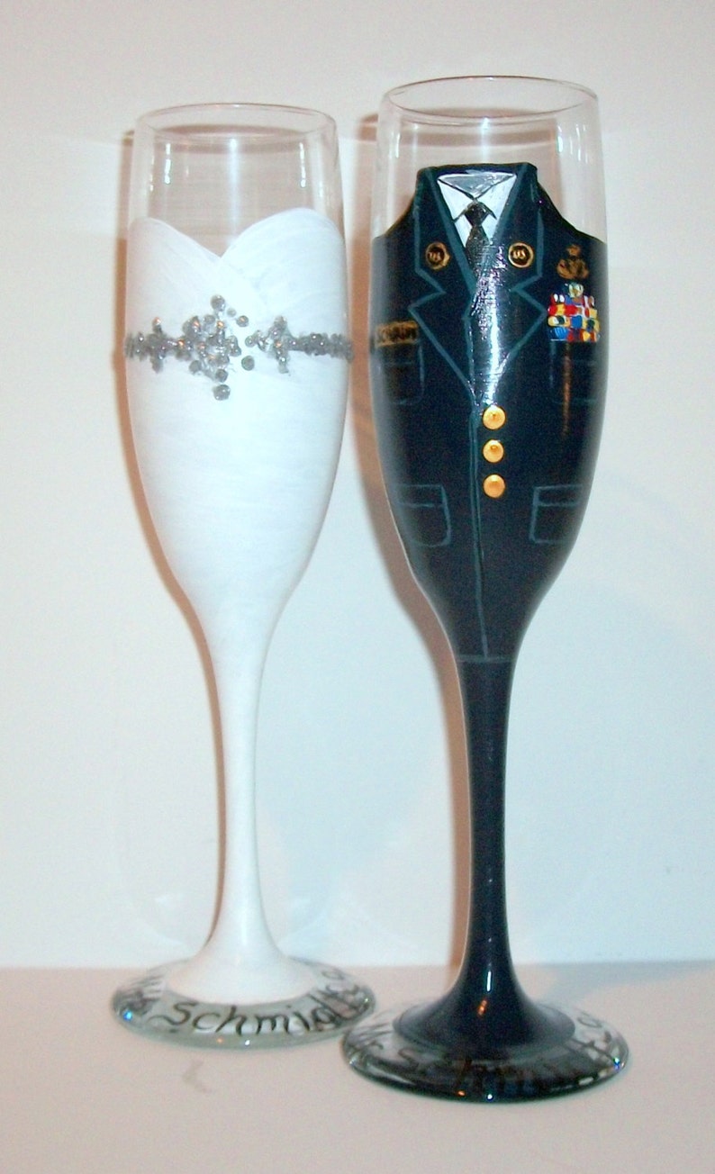 Bride and Groom Wedding Dress and United States Air Force Uniform Hand Painted Set of 2 / 6 oz. Champagne Flutes, Toasting Flutes, Wedding image 2