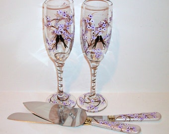 Hand Painted Champagne Flutes Cherry Blossoms & Love Birds ( Lavender ) Toasting  Flutes and Cake Knife and Server Set  4 Peice Set