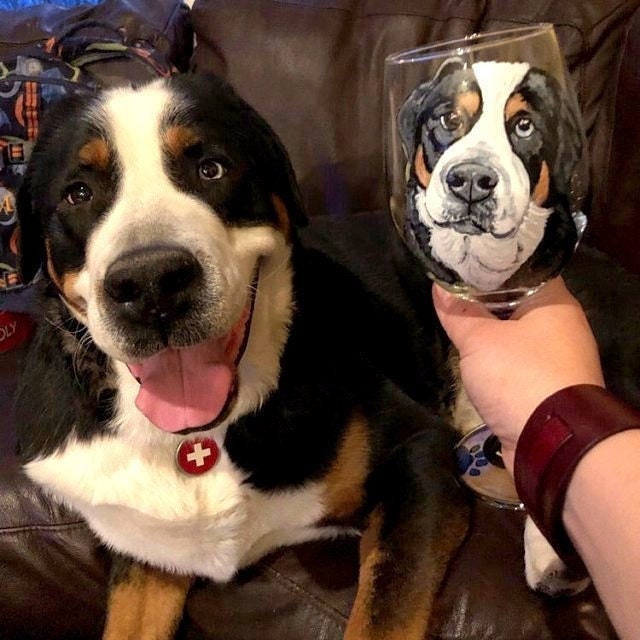 Custom Pet Portrait Wine Glass Hand Painted 1- 20 oz  Red or White Wine Glass Your Dog or Cat, Pet Pet Lover Glassware Paw Prints & Name