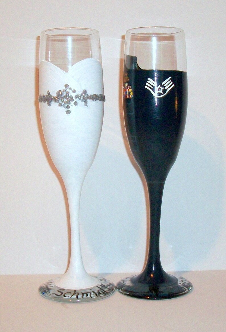 Bride and Groom Wedding Dress and United States Air Force Uniform Hand Painted Set of 2 / 6 oz. Champagne Flutes, Toasting Flutes, Wedding image 3