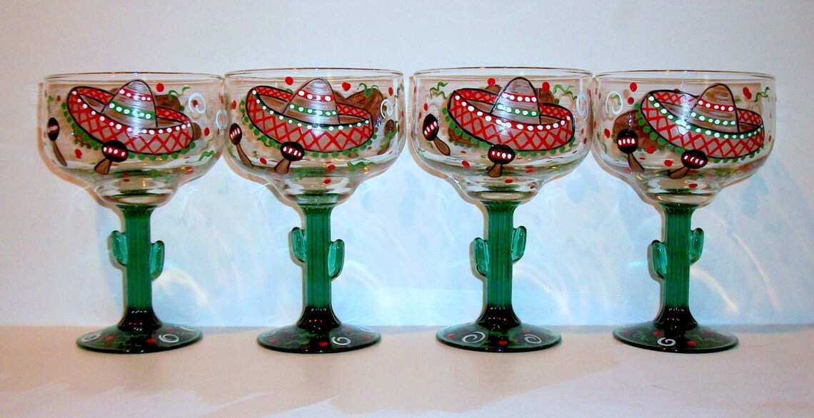 Margarita Glasses Sombreros & Maracas Hand Painted Set of ...