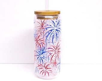 Fireworks Hand Painted Glass Can Tumbler 20 oz. Glass Straw, Bamboo Lid, Beer Can Glass, Iced Coffee Tumbler, Red White and Blue, Patriotic
