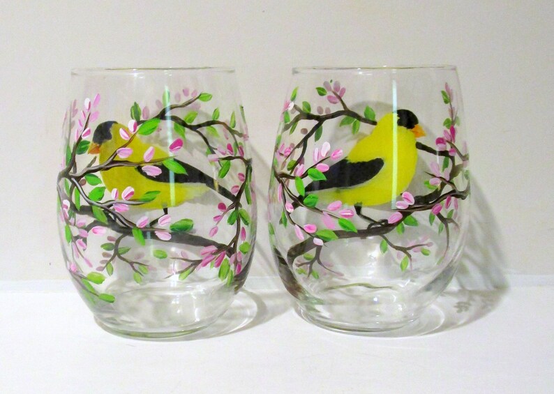 Goldfinch Hand Painted Stemless Wine Glasses Birds - Etsy
