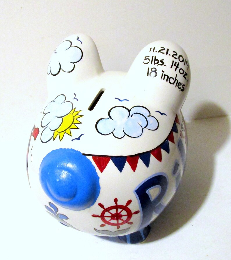 Jumbo Ceramic Piggy Bank Hand Painted Nautical Theme Sail ...