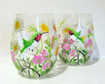 Hummingbirds and Wildflowers Hand Painted Stemless Wine Glasses Set of 2 -21 oz.  Spring Time White Daisies and Pink Wildflowers Mothers Day