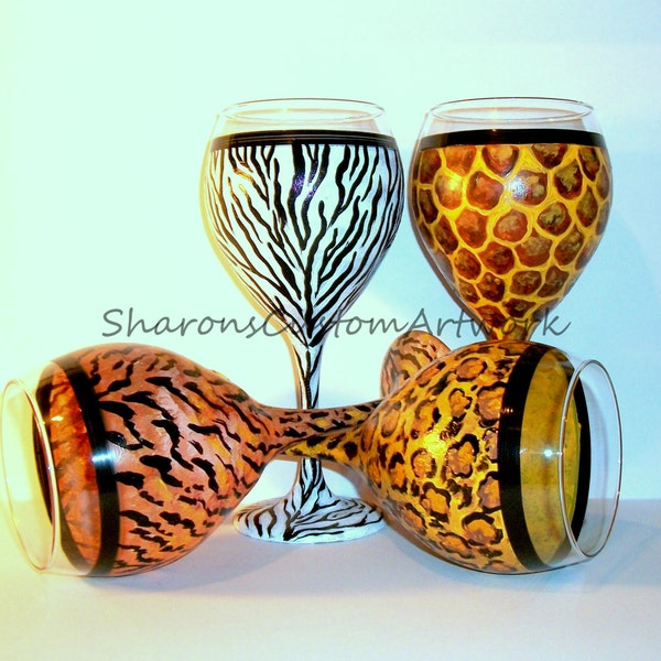 Animal Print Pattern Leopard Tiger, Zebra, Giraffe Hand painted Wine 20 oz. Glass Goblet Jungle Print Wine Glass (SINGLE GLASS) Gift For Her