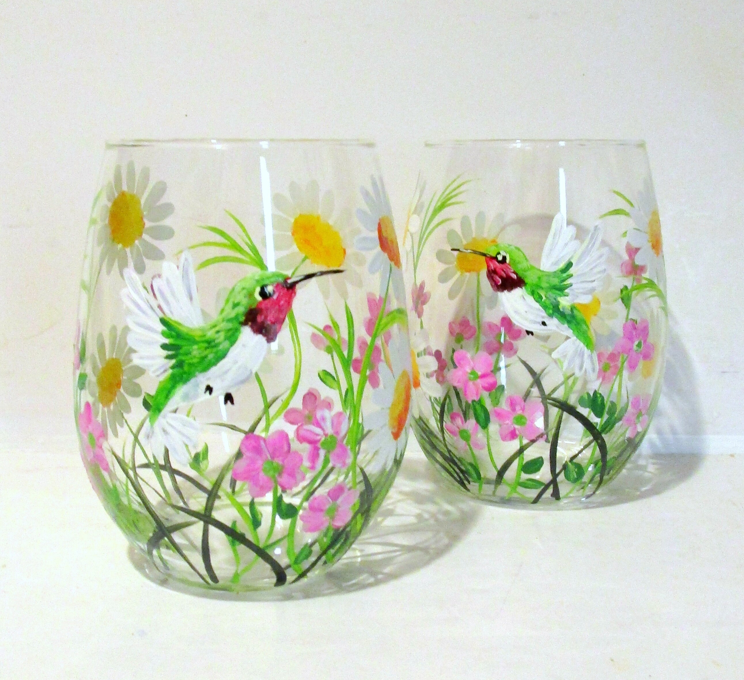Wild Birds Hand Painted Stemless Wine Glasses Set of 2 Etsy