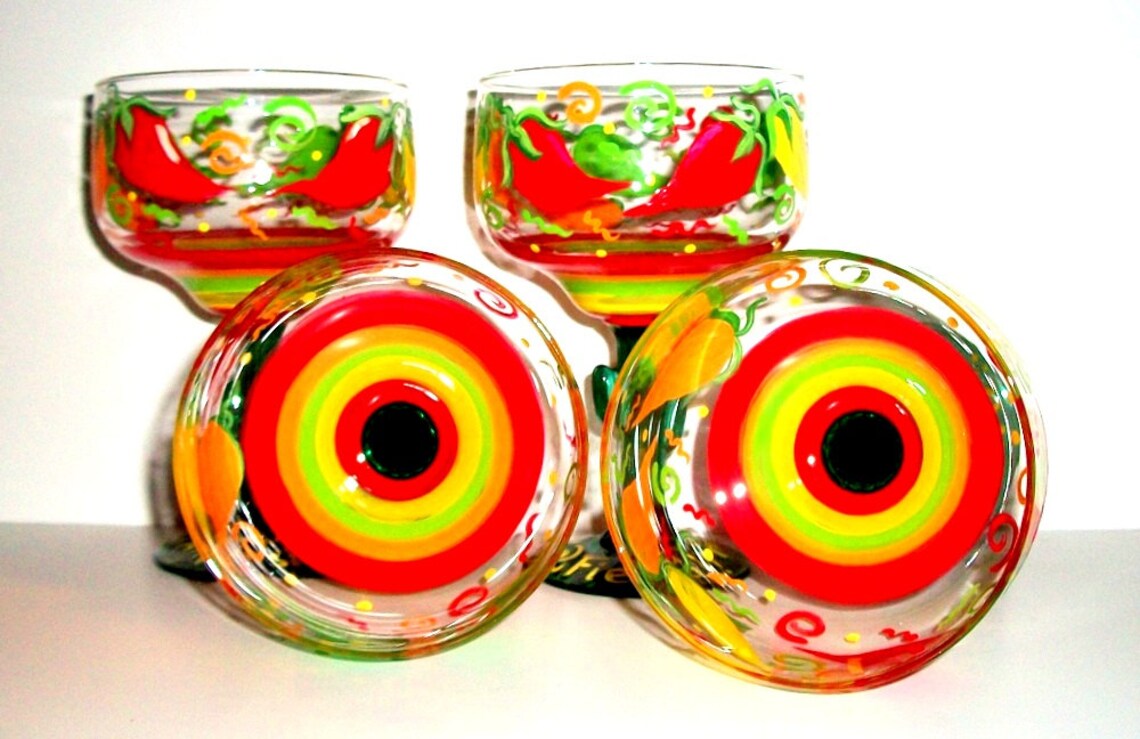 Margarita Glasses Hot Chili Peppers Hand Painted Set of 4 16 Etsy