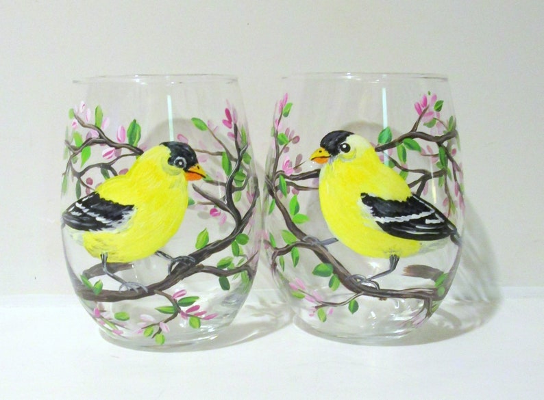 Goldfinch Hand Painted Stemless Wine Glasses Birds - Etsy