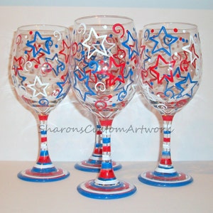 July Fourth, Patriotic New Years Eve Stars & Stripes Red White and Blue Independence Day Set of 4 20 oz. Hand Painted Wine Glasses image 5