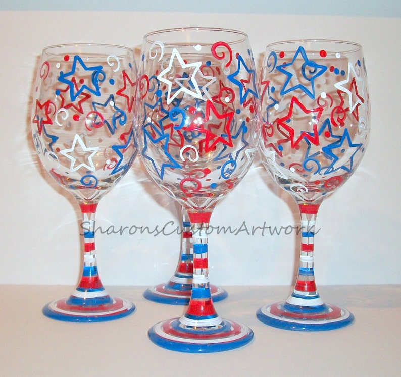 July Fourth, Patriotic New Years Eve Stars & Stripes Red White and Blue Independence Day Set of 4 20 oz. Hand Painted Wine Glasses image 5