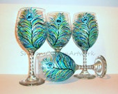 Peacock Feather Hand Painted Wine Glasses Wedding Bridesmaids Gifts Set of 4 Handpainted White Wine Glasses Silver Accents