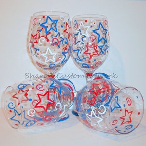 July Fourth, Patriotic New Years Eve Stars & Stripes Red White and Blue Independence Day Set of 4 20 oz. Hand Painted Wine Glasses image 3