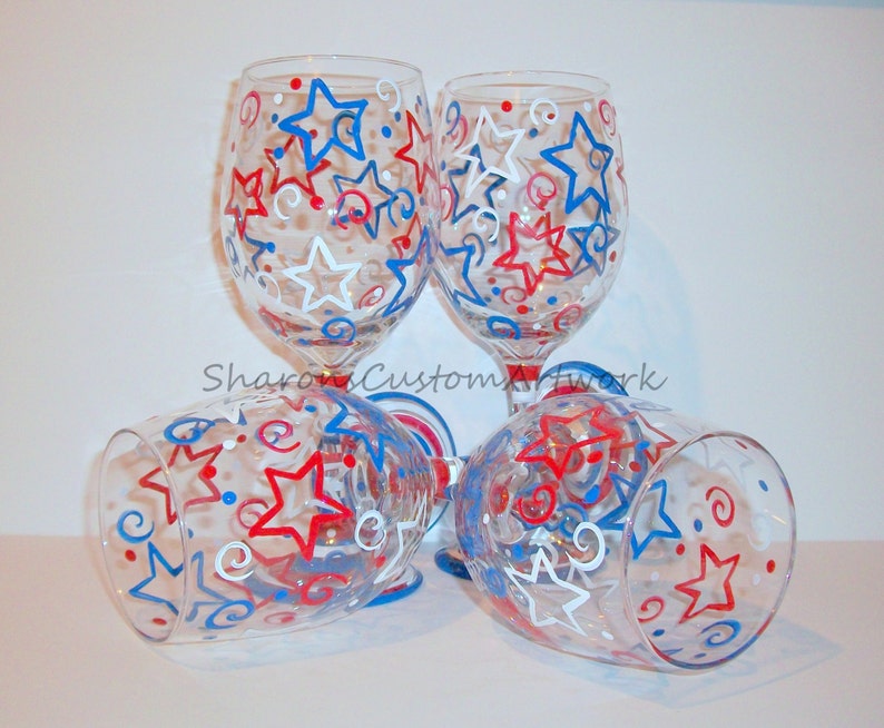 July Fourth, Patriotic New Years Eve Stars & Stripes Red White and Blue Independence Day Set of 4 20 oz. Hand Painted Wine Glasses image 3
