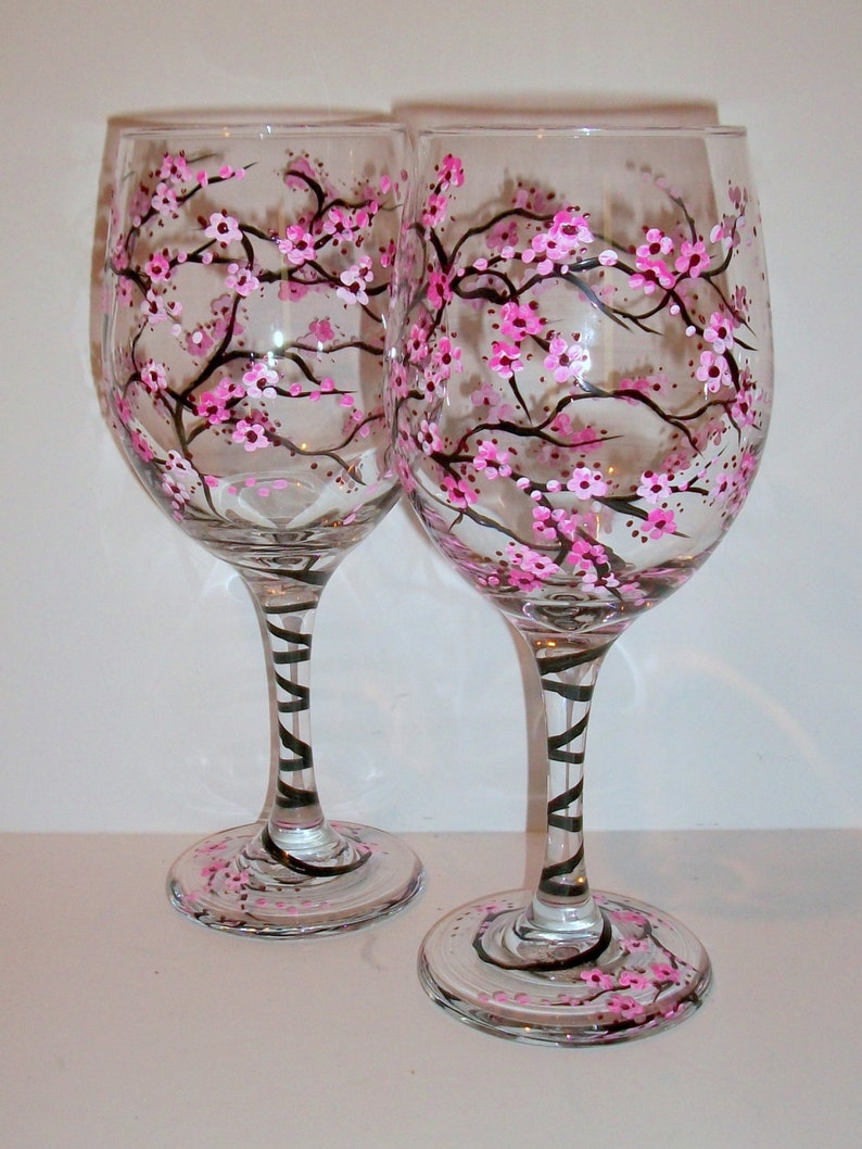 Cherry Blossoms Hand Painted Wine Glasses Set of 2 20 oz. Bridesmaids Gift, Bachelorette, Anniversary, Wedding Gift Maid of Honor Mother image 3