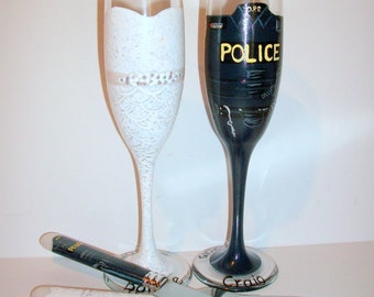Hand Painted Champagne Futes Bride and Groom Wedding Dress and Police, Bunker Gear, Sheriff,  Champagne Flutes & Cake Knife and Server Set