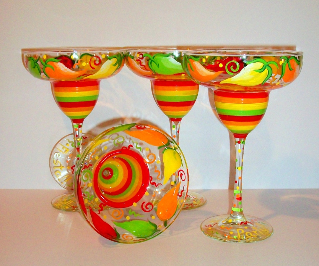 Hot Chili Peppers Hand Painted Tall Margarita Glasses 4 13 Oz. Hand