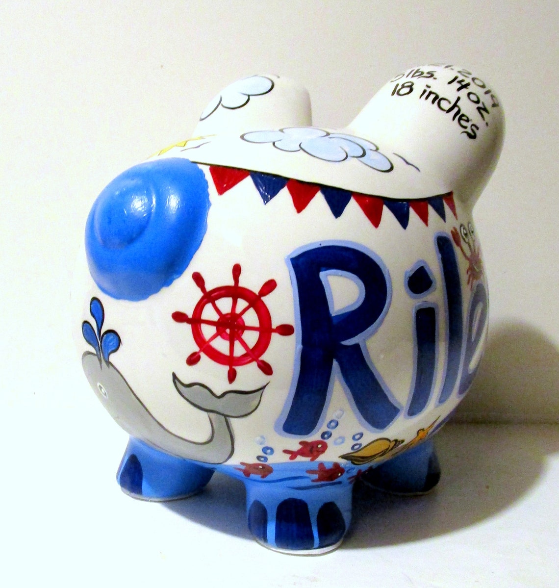 Jumbo Ceramic Piggy Bank Hand Painted Nautical Theme Sail Boat Etsy