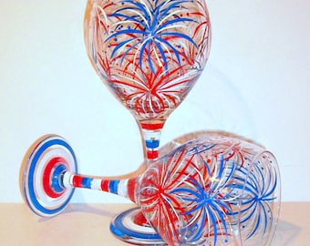 July Fourth, Fireworks, Independence Day Hand Painted Wine Glasses Set of 2 - 21 oz.  New Years Eve July 4th Red White and Blue Patriotic
