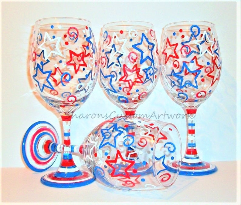 July Fourth, Patriotic New Years Eve Stars & Stripes Red White and Blue Independence Day Set of 4 20 oz. Hand Painted Wine Glasses image 1