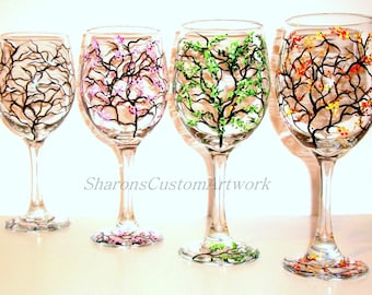 4 Seasons Hand Painted Wine Glasses Set of 4 - 20 oz Handpainted Wine Glasses The Four Seasons of Winter Spring Summer & Fall Gift for Her