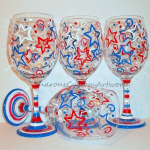 July Fourth, Patriotic New Years Eve Stars & Stripes Red White and Blue Independence Day Set of 4 20 oz. Hand Painted Wine Glasses image 4