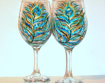 Hand Painted Wine Glasses 2 - 20 oz  Peacock Feather Glassware Gold Accents Peacock Wedding Anniversary Birthday Gifts Bridesmaids Gift