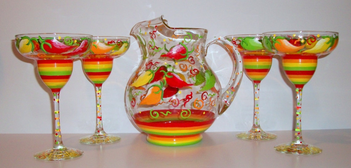 Margarita Glasses Hand painted Chili Peppers Pitcher and Etsy