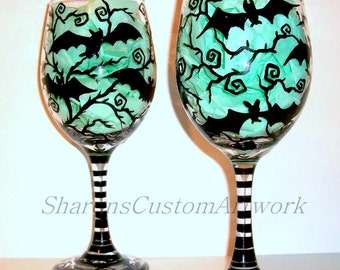 Hand Painted Wine Glasses Bats Halloween  Painted Glassware  Set of 2 / 20 oz. Wine Glasses With 6 Batty Bats Flying Black Thorn Trees