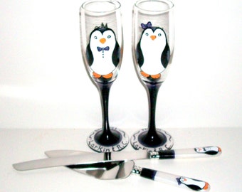 Penguins Hand Painted Champagne Flutes for Wedding, Anniversary, Set of 2- 6 oz. Toasting Flutes and Cake Knife and Server Set