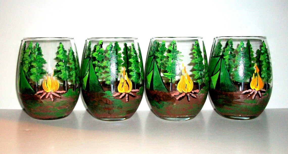 Camping Theme Stemless Wine Glasses Made to Order Set of 4 / Etsy