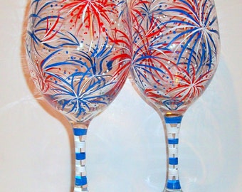 July Fourth Fireworks Hand Painted Wine Glasses Set of 2 - 21 Oz. New Years  Eve Independence Day July 4th Red White & Blue Painted Glassware - Etsy