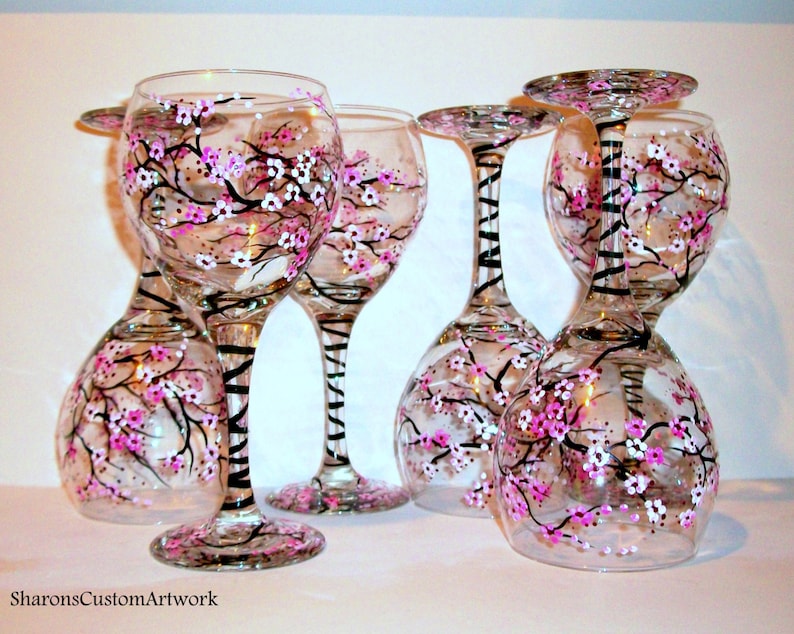 Cherry Blossoms Hand Painted Wine Glasses Set of 6 20 oz. Etsy