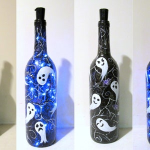 Hand Painted Lighted Wine Bottle Ghosts, Spiders, Bats, Spider Webs, Spooky Tree, Fairy Lights, Bottle Art, Halloween Party, Halloween Decor