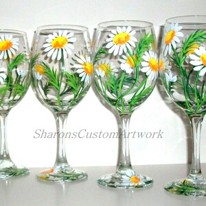 Springtime White Daisies Hand Painted Wine Glasses Set of 4 / 20 oz. Wine Glasses Painted Wine Handpainted Wine Glasses Daisy, Wedding Gift image 3