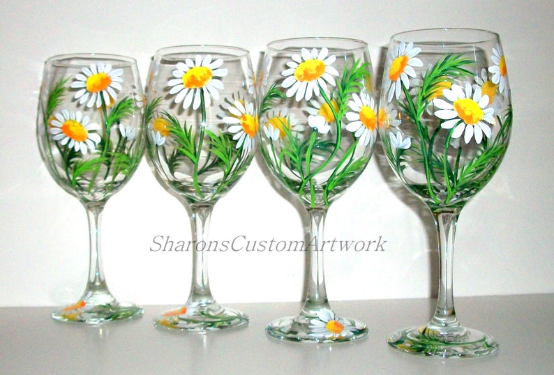 Springtime White Daisies Hand Painted Wine Glasses Set of 4 / 20 oz. Wine Glasses Painted Wine Handpainted Wine Glasses Daisy, Wedding Gift image 3