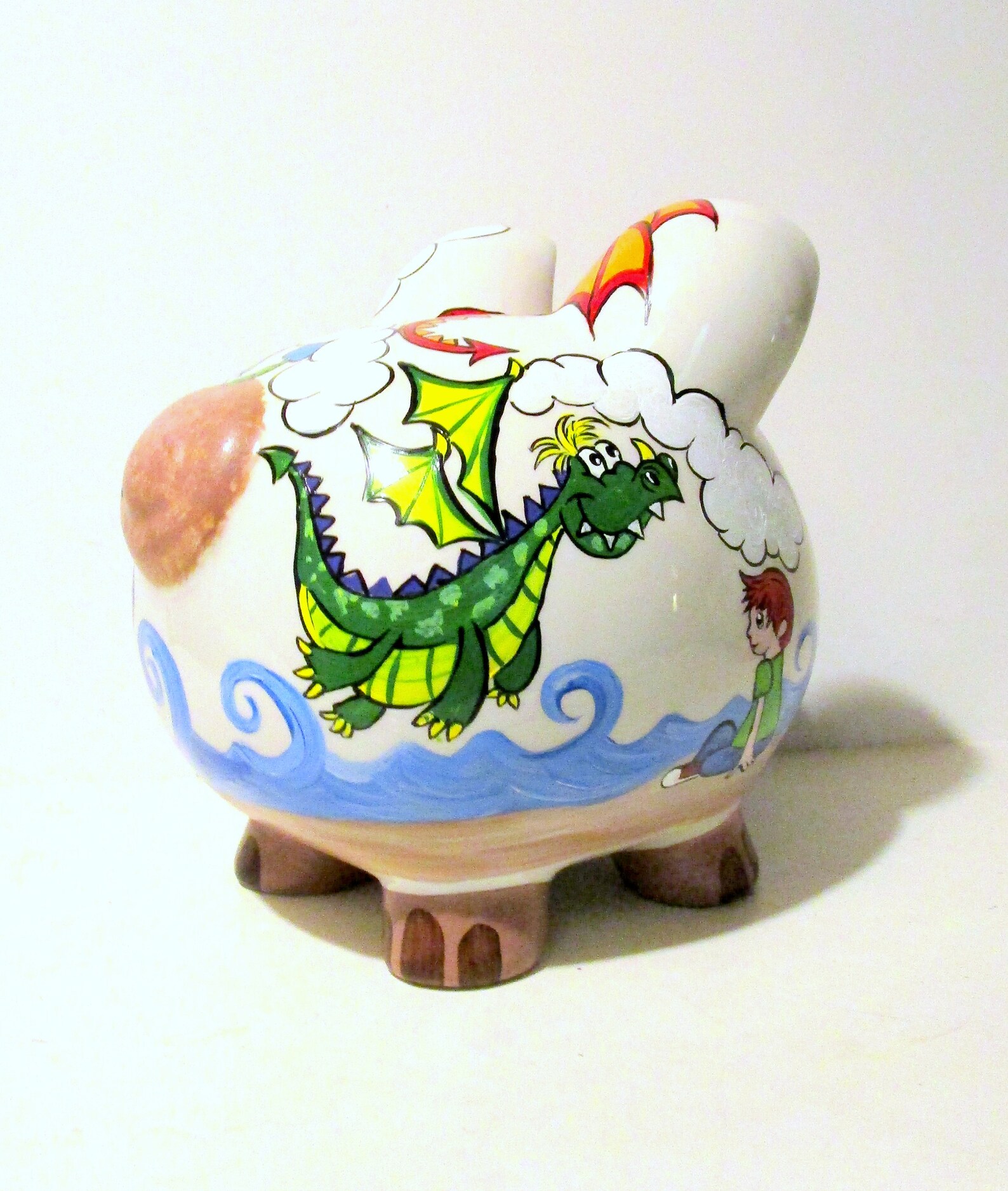 Jumbo Ceramic Piggy Bank Hand Painted Magical Dragons Blue Etsy