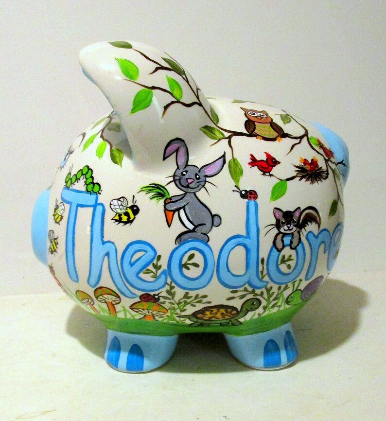 Jumbo Ceramic Piggy Bank Hand Painted Woodland Animals Peeking Etsy