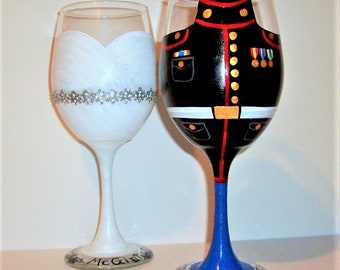 Hand Painted Wine Glasses Bride and Groom Wedding Dress and Marine, Army, Navy, Airforce Uniform Set of 2 / 20 oz. White Wine Glasses