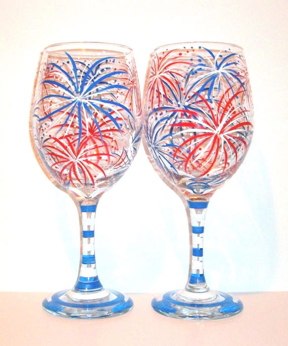 July Fourth Fireworks Hand Painted Wine Glasses Set of 2 - 21 Oz. New Years  Eve Independence Day July 4th Red White & Blue Painted Glassware - Etsy