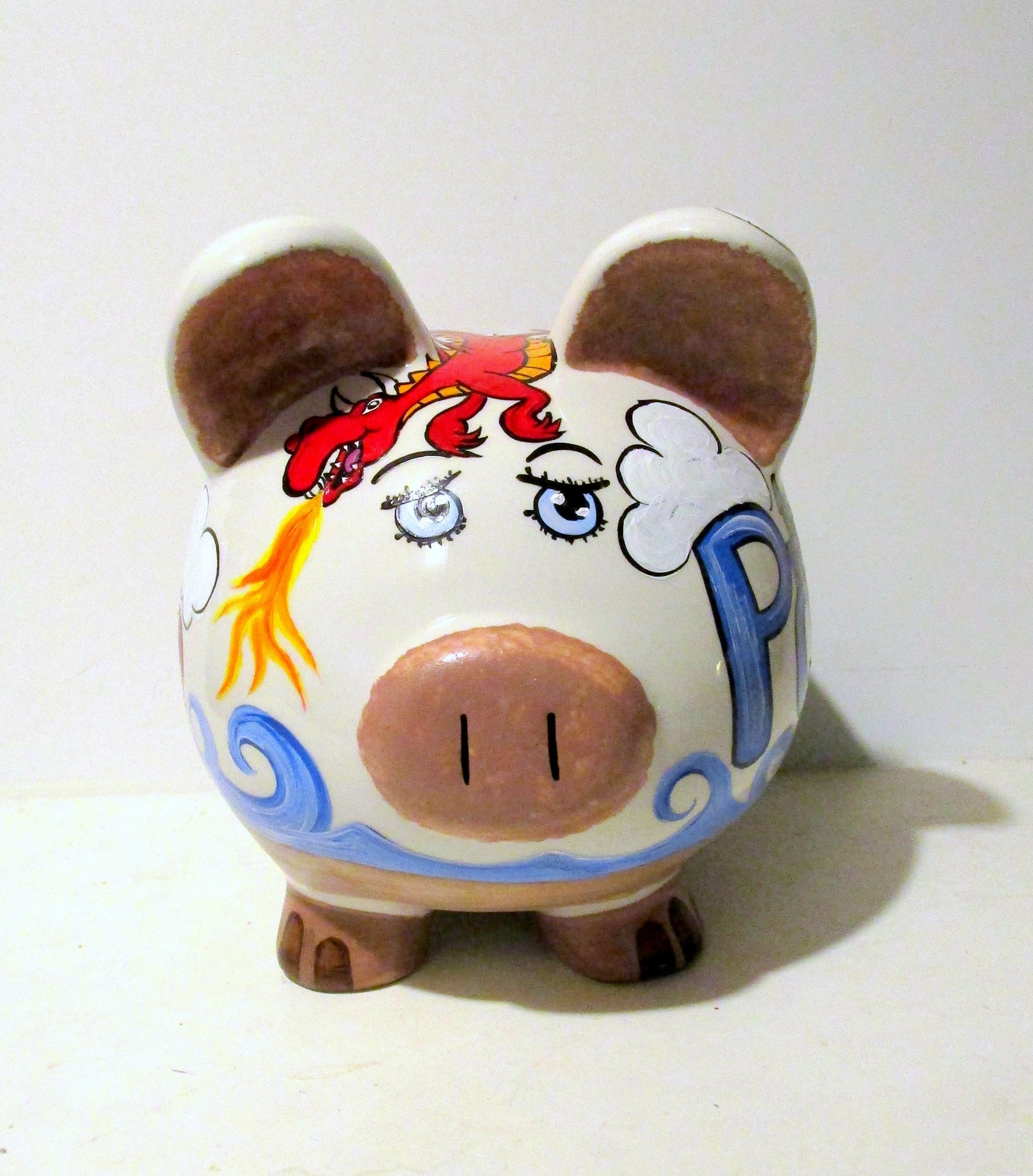 Jumbo Ceramic Piggy Bank Hand Painted Magical Dragons Blue Etsy