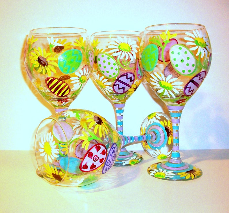 Easter Eggs & Daisies Yellow Sunflowers Hand Painted Easter Wine Glasses Set of 4 20 oz. Red Wine Goblets Daisy Decorated Eggs Easter Gift image 10