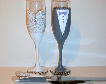 Bride and Groom Wedding Dress & Tuxedo Hand Painted Wedding Champagne Flutes Set of 2 / 6 oz. with Matching Cake Knife and Server Set