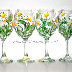 Springtime White Daisies Hand Painted Wine Glasses Set of 4 / 20 oz. Wine Glasses Painted Wine Handpainted Wine Glasses Daisy, Wedding Gift image 2