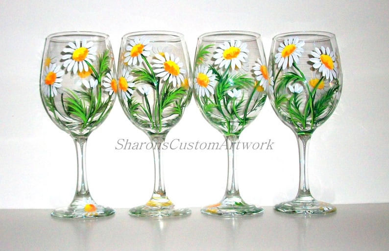 Springtime White Daisies Hand Painted Wine Glasses Set of 4 / 20 oz. Wine Glasses Painted Wine Handpainted Wine Glasses Daisy, Wedding Gift image 2