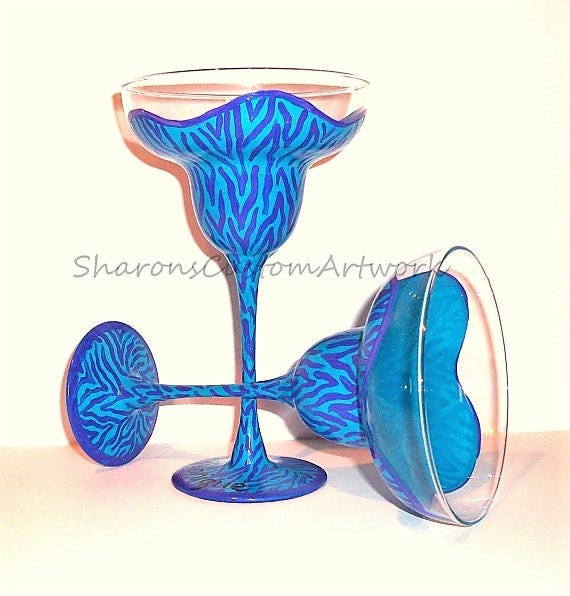 Margarita Glasses Purple and Teal Zebra Margarita Glasses  Set of 2 tall 13 oz. Margarita Glasses, Tiger,  Leopard,  Zebra,