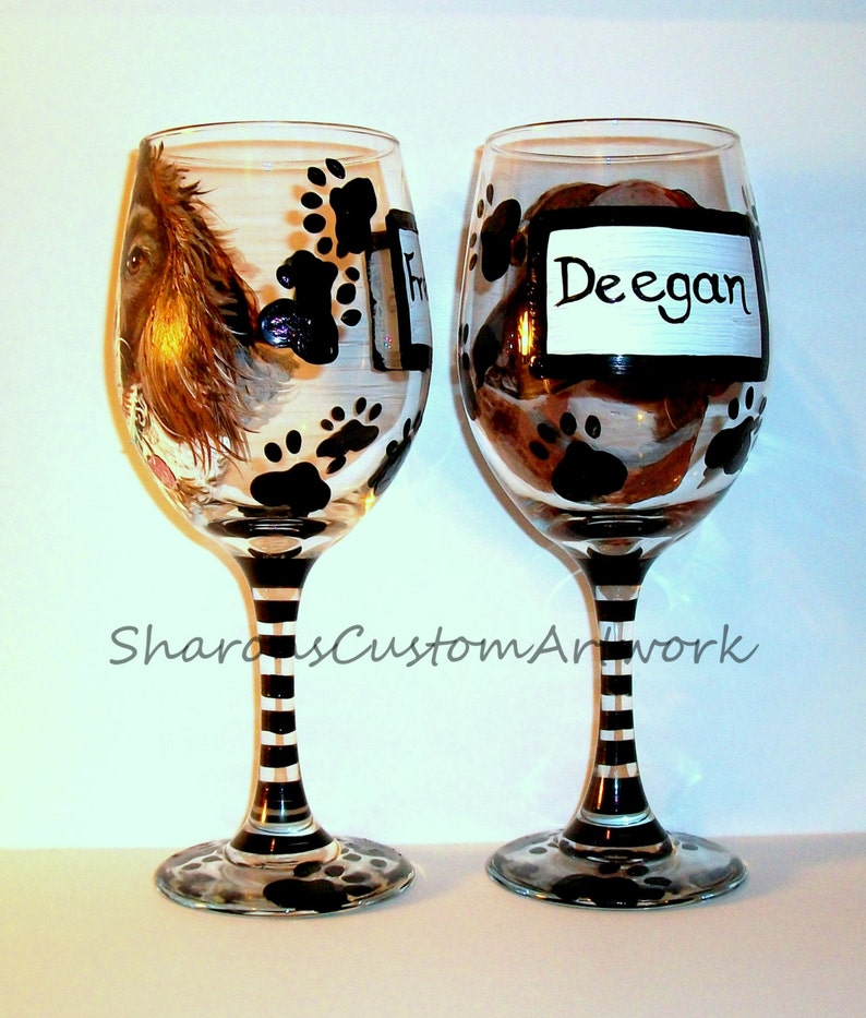 Pet Portrait Hand Painted Wine Glasses Custom Painting of Your Dog Cat Horse Pet On 2 / 20 oz. Wine Glasses Brittany Spaniel, Dachshund image 5