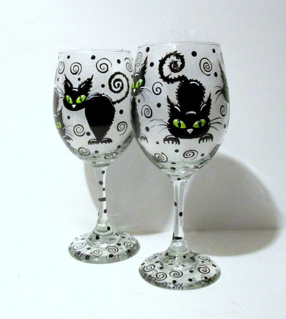Cute Black Cats, Halloween Painted Wine Glasses Set of 2 - 20 oz Hand Painted Wine Glasses, Halloween Glassware, Halloween Decor, Green Eyes