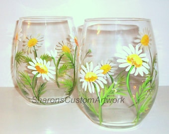 White Daisies Hand Painted Stemless Wine Glasses Set of 2 -21 oz. Stemless Wine Glassware Springtime Daisy Green Yellow White Mothers Day